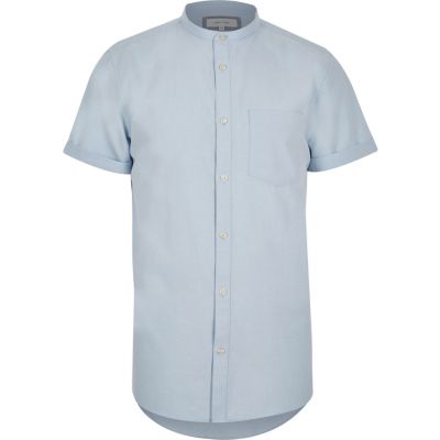 Blue grandad collar short sleeve shirt